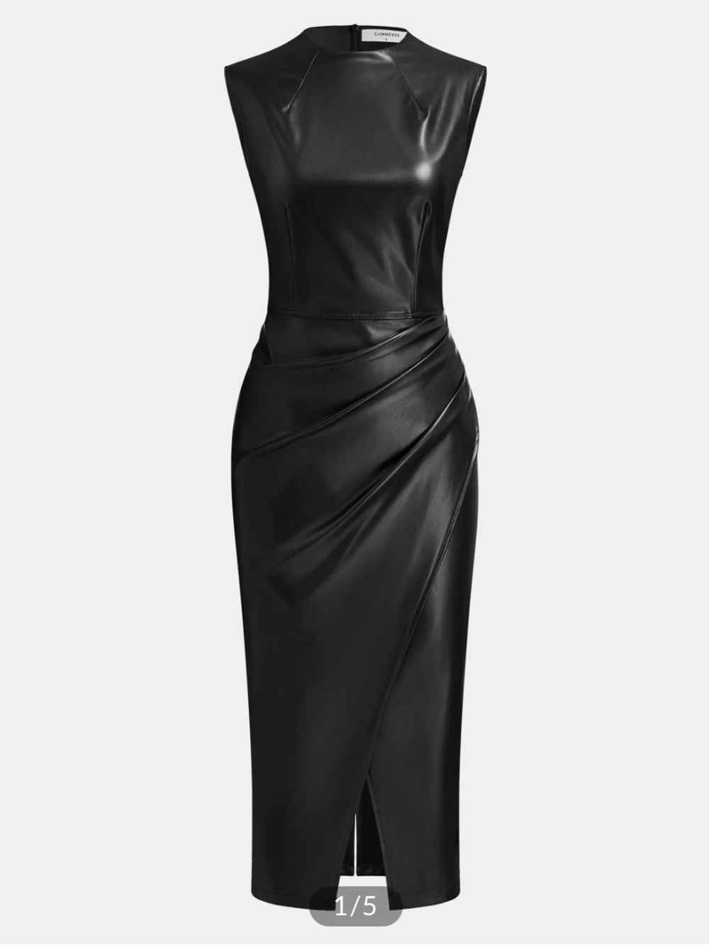 Commense Black Sleeveless Faux-Leather Draped Midi Dress